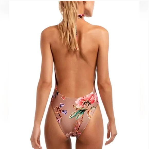 VITAMIN A Emma Floral Deep Plunge V Open Back Halter Swimsuit Ginger Floral XL - Picture 2 of 6